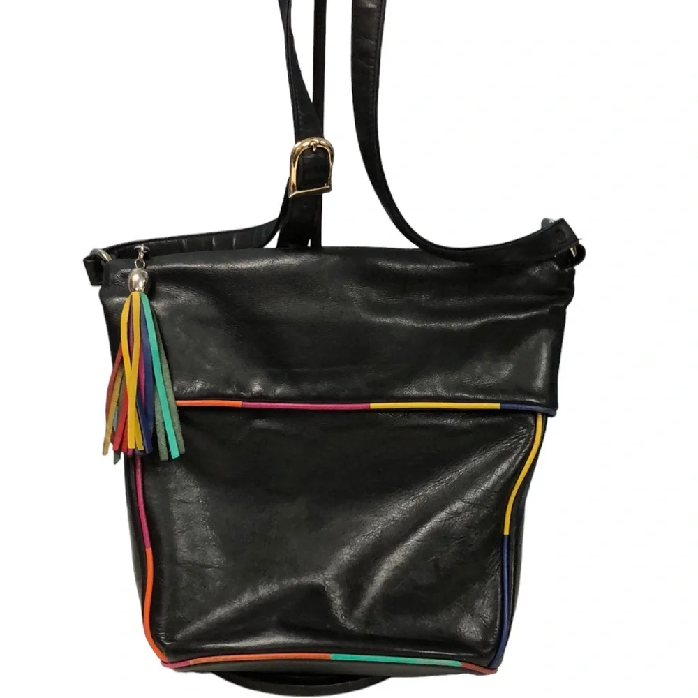 Vtg y2k 90’s rainbow color trim black leather‎ purse crossbody purse 11” x 9”